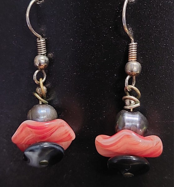 Fibrant genuine pink coral, black coral, black pearl earrings Carousel 6