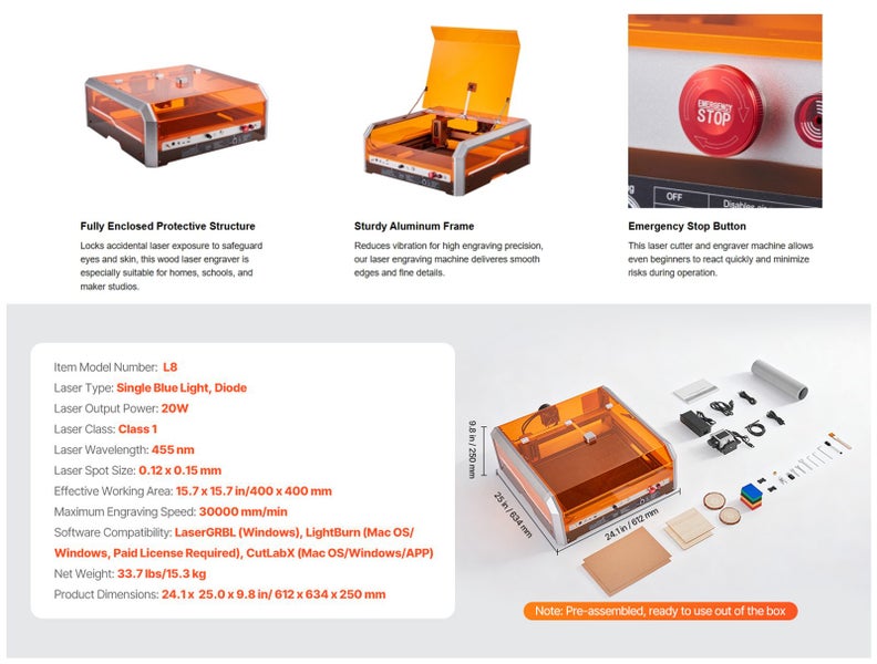 Laser Engraver 20W Laser Engraving Cutter Machine Enclosure Camera Class 1 Carousel 18