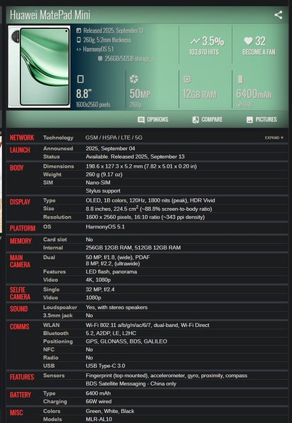 Huawei MatePad mini 12+256GB calling cellular Tablet 2.5K OLED Brand New Carousel 9