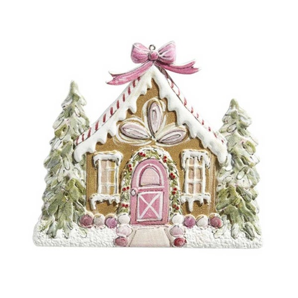 Raz Holly Jolly Holiday Gingerbread House Ornament w / Pink Features Carousel 1