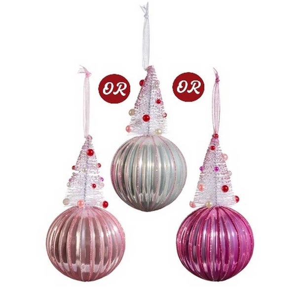 Raz Holly Jolly Holiday Pink Bottle Brush Tree On Ball Ornament Assorted Carousel 1