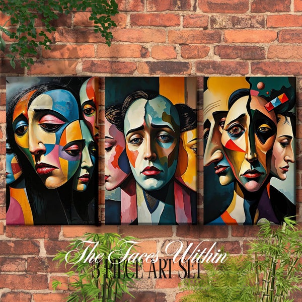 ART PRINT WALL ART | Digital Painting Abstract Faces Modern Home Decor Triptych Carousel 1