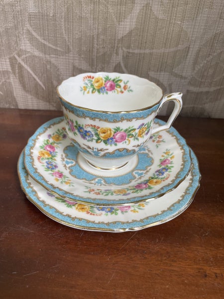 Pretty Blue and Floral Crown Staffordshire Trio Carousel 1