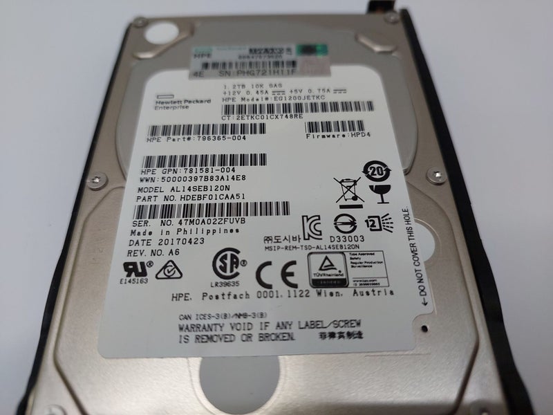 HP 1.2TB 10K SAS 2.5" SFF SAS HDD (HPE Model: EG1200JETKC) w/ G8/9/10 Caddy Carousel 2