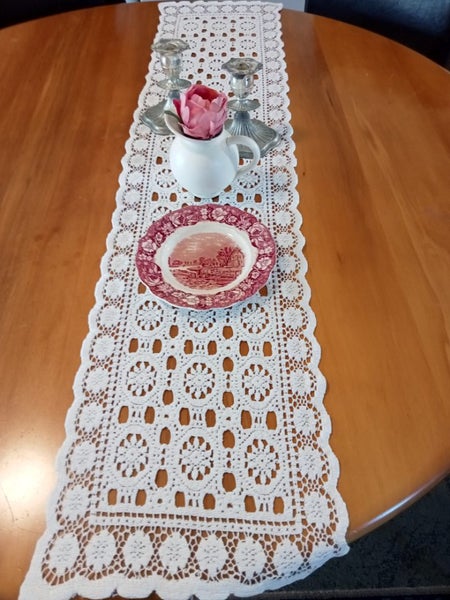 Lovely white lace long table runner Carousel 1