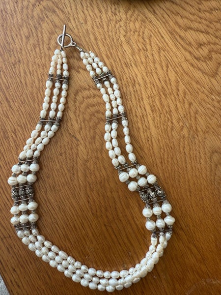 Antique Mother of Pearl Necklace – Triple Strand with Sterling Silver Accents Carousel 1