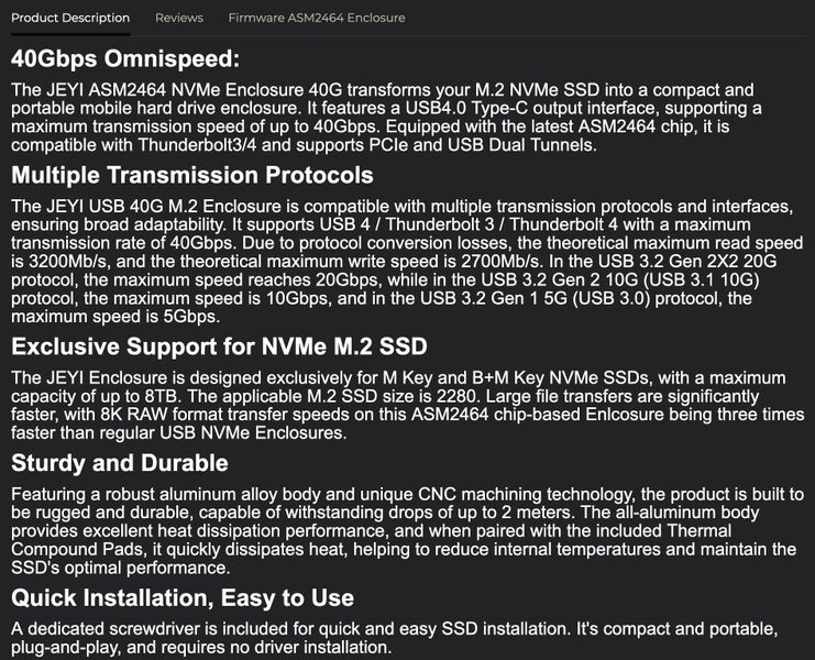 Thunderbolt 4 Enclosure M.2 Nvme SSD USB4 40Gbp/s JEYI Brand New (0513) Carousel 18