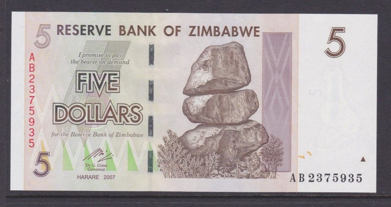 Zimbabwe - 2007 Five Dollars ($5) - Rocks - "AB 2375935" - UNC - P-66 Carousel 1