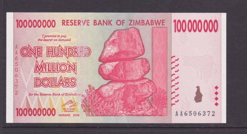 Zimbabwe - 2008 Hundred Million ($100,000,000) - Rocks - "AA 6506372" -UNC -P-80 Carousel 1