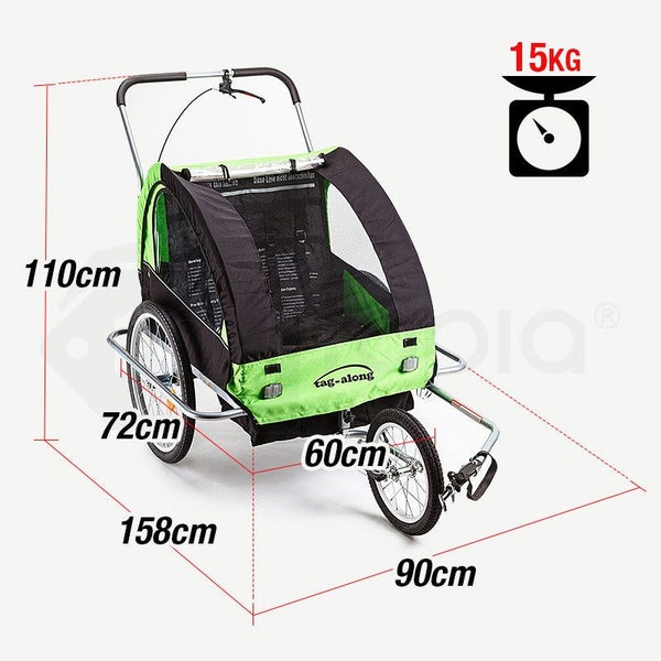Tag-Along Kids Bike Trailer Bicycle Pram Stroller Children Jogger Green Carousel 2