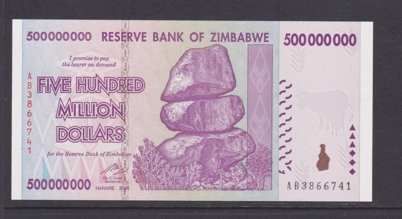 Zimbabwe - 2008 500 Million ($500,000,000) - Rocks - "AB 3866741" - UNC - P-82 Carousel 1
