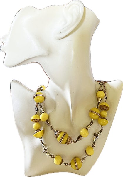 1960s Vintage RETRO GLAM Double String Lemon Yellow Beads Necklace, 84 cm long Carousel 2