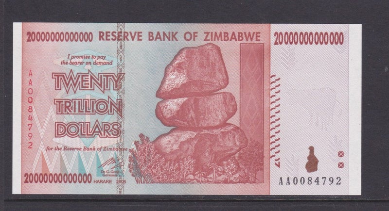 Zimbabwe - 2008 20 Trillion ($20,000,000, 000,000) - "AA 0084792" - UNC - P-89 Carousel 1