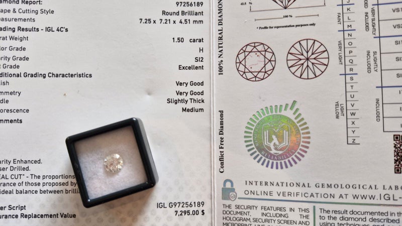 $1 RES * Valuation $12,745.00 * 1.50ct Round Large WHITE Diamond Loose IGL CERT64271254128387113