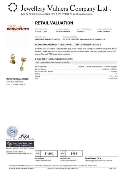 $1,600 18CT YG 0.250CT (TDW) DIAMOND EARRINGS #B18189783-2 Carousel 2