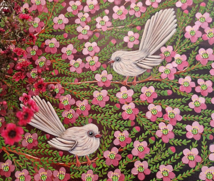 'Catching the light' - White Fantails & Manuka Blossoms.64275185100290113