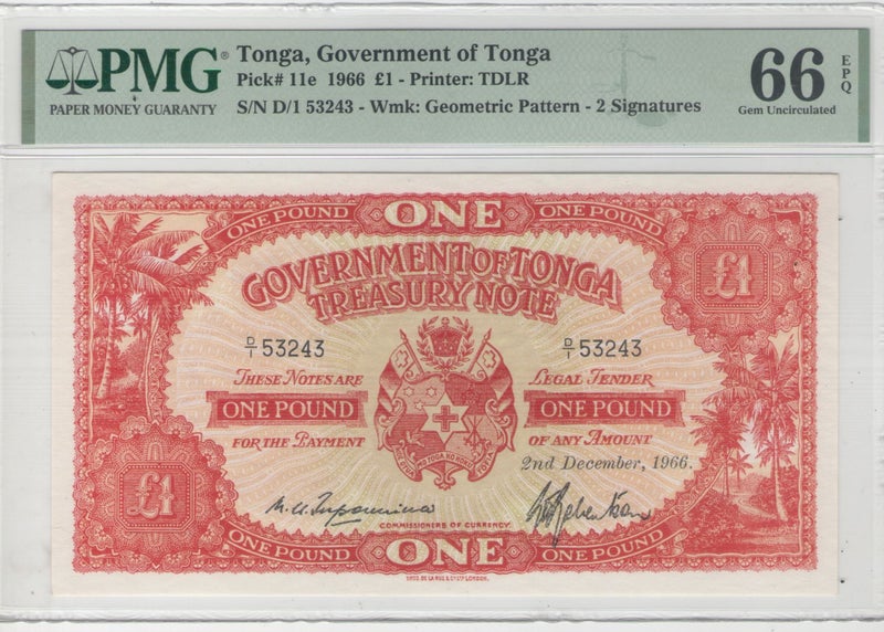 Tonga - 1966 One Pound (£1) - Coat of Arms - "D/1 53243" - PMG Gem UNC - P11e Carousel 1