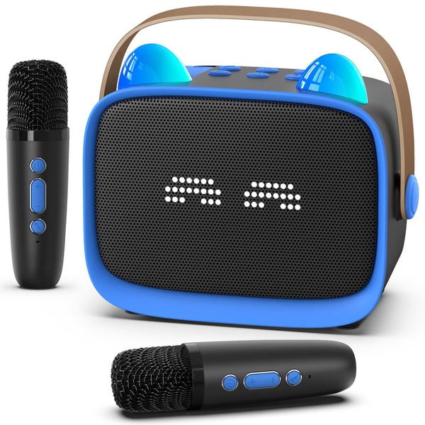 Mini Karaoke Machine Portable MP3 Player with 2 Wireless Mics & LED Lights Carousel 1