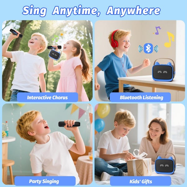 Mini Karaoke Machine Portable MP3 Player with 2 Wireless Mics & LED Lights Carousel 8