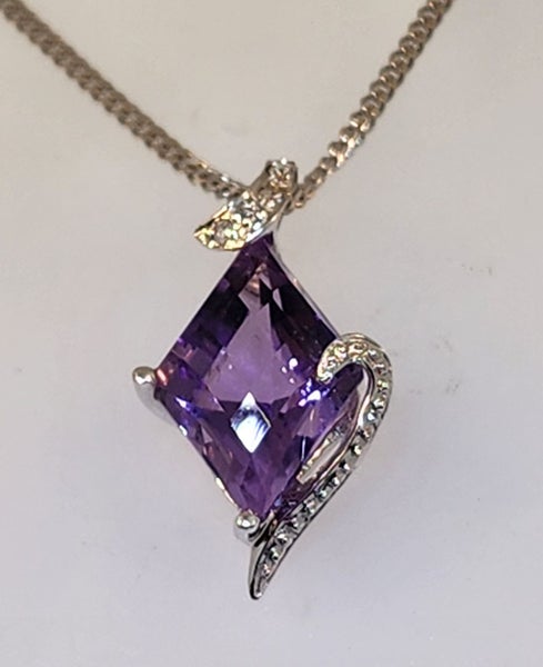 Modern Amethyst, Diamond & White Gold Pendant + Chain Carousel 1
