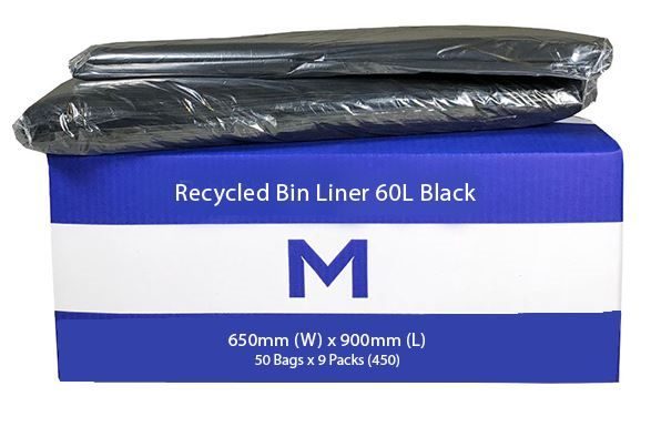 Recycled Bin Liner,Rubbish bags 60L - Black, 650mm x 900mm x 30mu(Pack Of 50) Carousel 1
