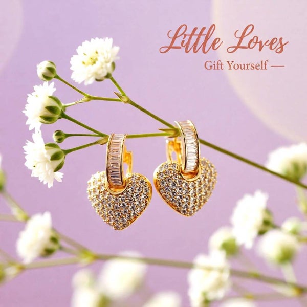 Gold Plated Heart Zircon Earrings - Elegant Copper Design (1 Pair) Carousel 2