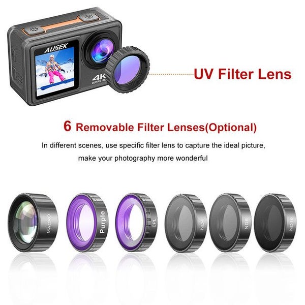 4K Action Camera 60fps - Dual Screens - 6 Filter Lens - Anti Shake - 30m Case64289040276354112