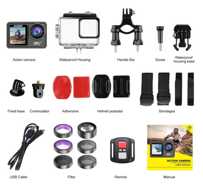 4K Action Camera 60fps - Dual Screens - 6 Filter Lens - Anti Shake - 30m Case64289040276354113