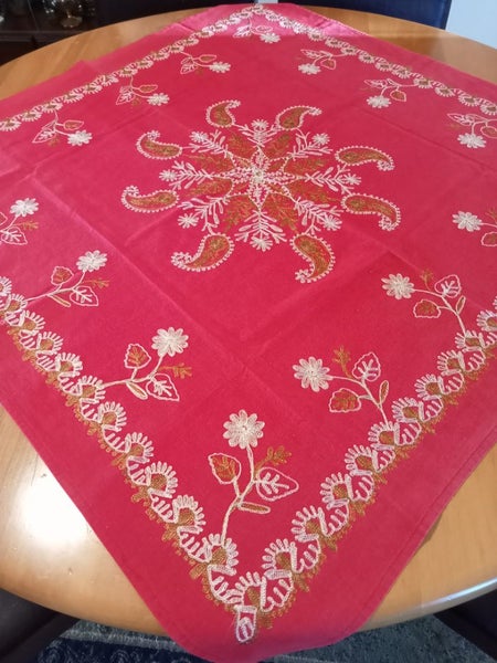 Lovely red cotton embroidered tablecloth Carousel 1