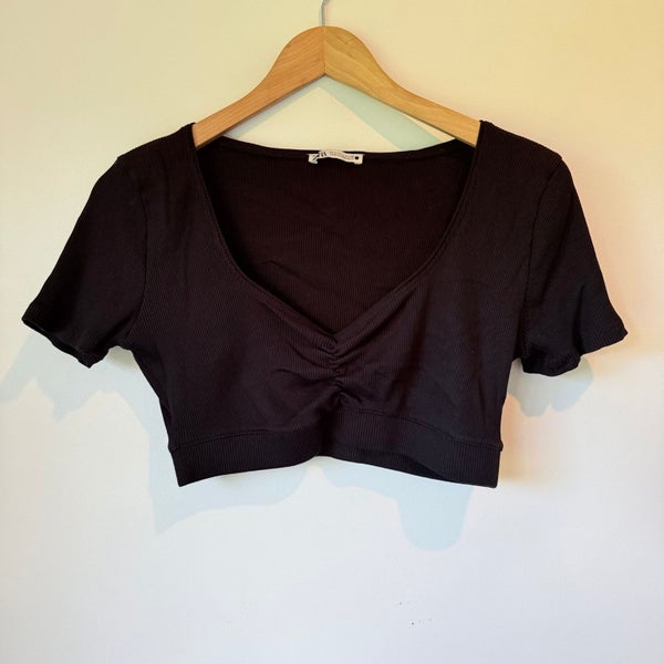 Zara Size L Black V-Neck Ribbed Ruched Crop Top Carousel 1