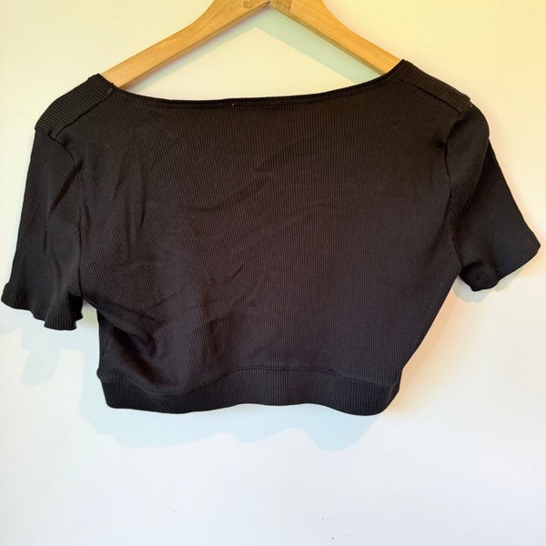 Zara Size L Black V-Neck Ribbed Ruched Crop Top Carousel 5