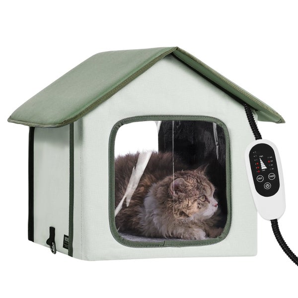 Elevated Heated Cat House Outdoor Kitty Shelter With Timer 600D Oxford Cloth ... Carousel 1