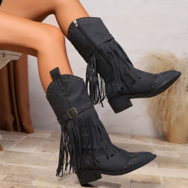 ~ SALE! Womens Size 9 Black Country Western Cowboy Boots with Tassels Ranch Carousel 1