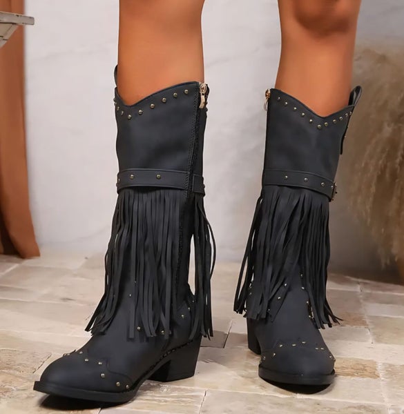 ~ SALE! Womens Size 9 Black Country Western Cowboy Boots with Tassels Ranch Carousel 5