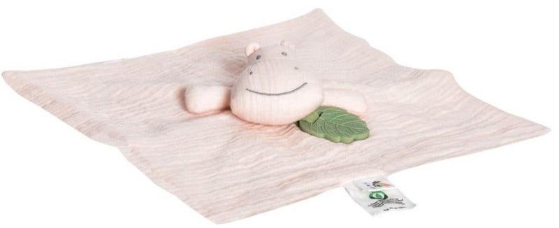 Tikiri: Muslin Comforter with Rubber Leaf Teether - Hippo Carousel 1