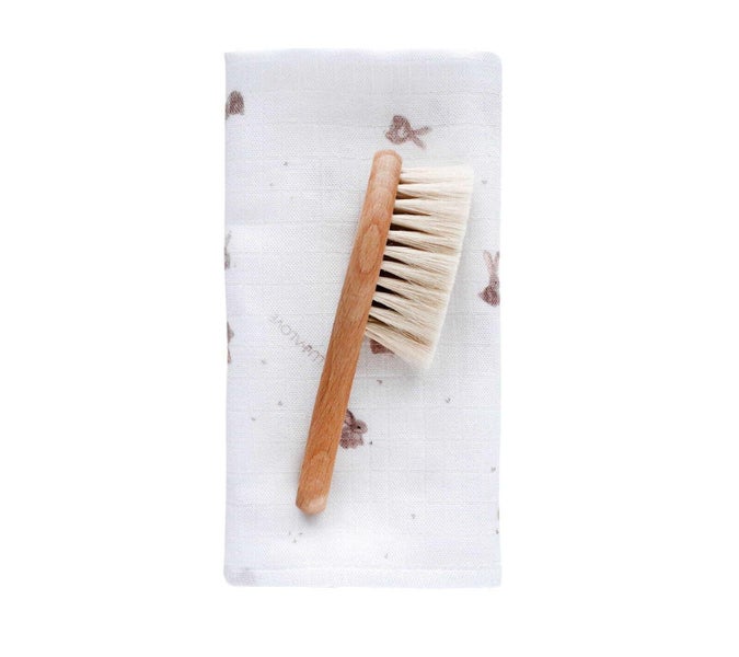 Lullalove: Hairbrush Set with Goat's Bristle and Washcloth - Bunny Pattern Carousel 1