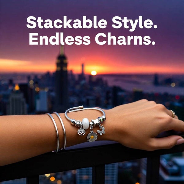 Elegant Butterfly Stainless Steel Asymmetrical Bangle - White Flower Carousel 2