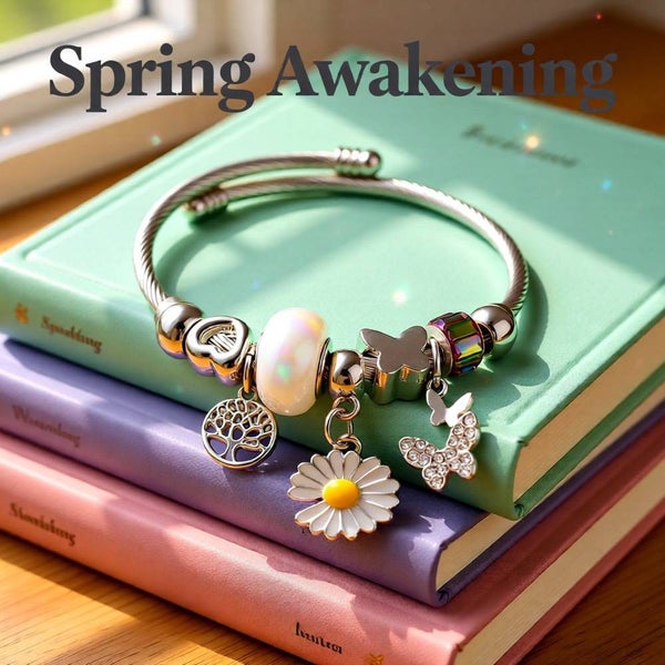 Elegant Butterfly Stainless Steel Asymmetrical Bangle - White Flower Carousel 11