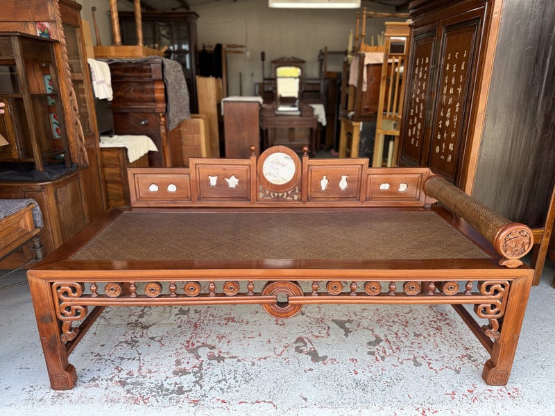 A Rare early 20th Century Complete Solid Elm Chinese Day Bed or Opium Den Bench Carousel 1
