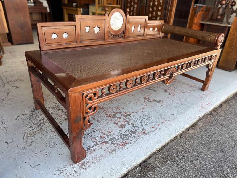 A Rare early 20th Century Complete Solid Elm Chinese Day Bed or Opium Den Bench Carousel 2