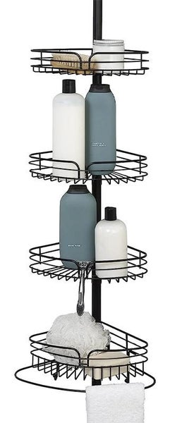 STORFEX Rust-Resistant Corner Shower Caddy with Towel Bar and Hooks - Black Carousel 1