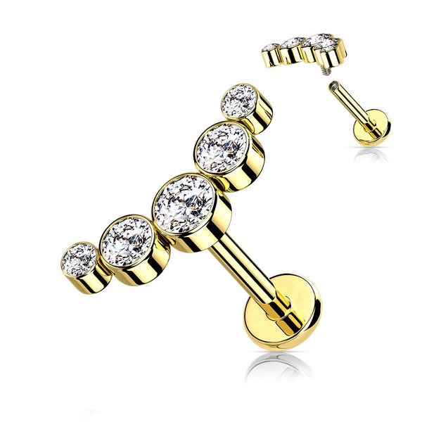 Gold 5 Round CZ Bezel Set Curved Labret. Carousel 1