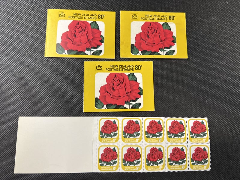 4 x 1975 NZ Post 80c Rose Stamp Booklets – 10 x 8c Rose Stamps Inside - Lot F301 Carousel 1