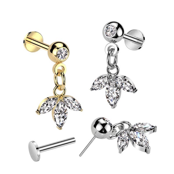 NEW IN: Threadless Push In Labret with Press Fit CZ and 3 Marquise CZ Leaf. Carousel 2