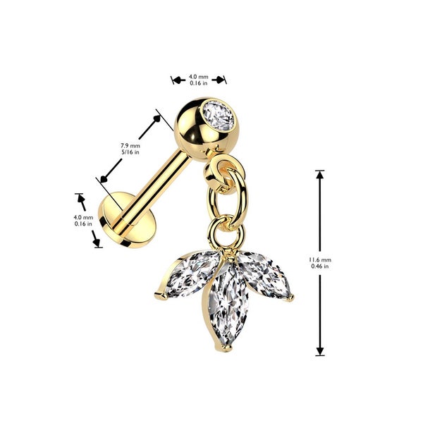 NEW IN: Threadless Push In Labret with Press Fit CZ and 3 Marquise CZ Leaf. Carousel 4