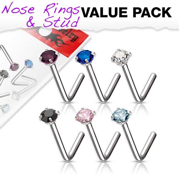 NEW IN: 6 Piece Value Pack L Bend 18g Nose Studs with Prong Set CZ. Carousel 1