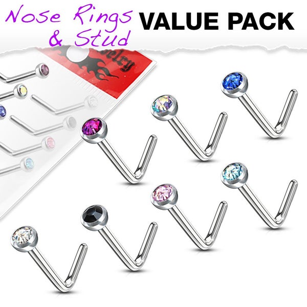 NEW IN: 7 Piece Value Pack L Bend Nose Studs Press Fit Gem Set. Carousel 1