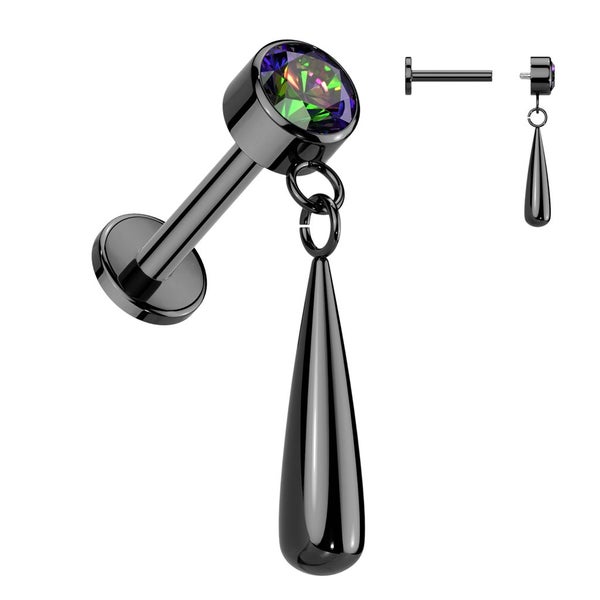 NEW IN: Implant Grade Titanium Labret with Bezel Set CZ Top & Teardrop Dangle. Carousel 1