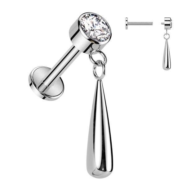 NEW IN: Implant Grade Titanium Labret with Bezel Set CZ Top & Teardrop Dangle. Carousel 2