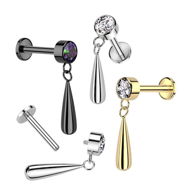 NEW IN: Implant Grade Titanium Labret with Bezel Set CZ Top & Teardrop Dangle. Carousel 5